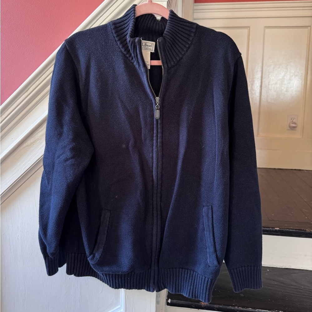 LL Bean vintage navy blue 100% cotton full zip sweater size large